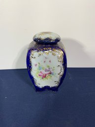 Beautiful Pre-nippon Porcelain Lidded Jar With A Delicate Floral Motif & Blue And Gold Details