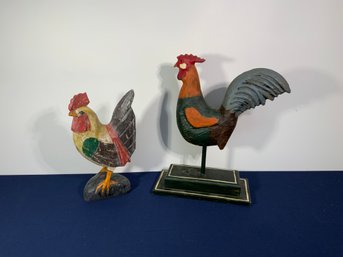 Two Vintage Rustic Americana Hand Carved And Painted Rooster And Chicken Figures