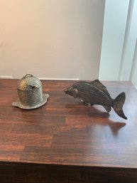 Vintage Metal Fish Shaped Letter/napkin Holder & Metal Basket Shaped Sugar Bowl With Spoon