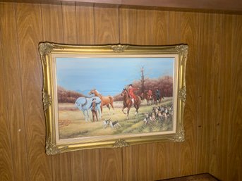 Signed Oil On Canvas Of Jockeys With Gold Colored Wood Frame