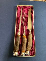 Vintage Hampshire House Sheffield English 3 Piece Carving Set With Stag Handles