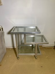 Mid Century Modern Chrome/aluminum Bar Cart On Wheels W/ Glass Shelves