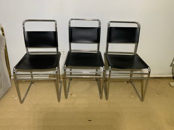 Vintage Leather And Chrome Bauhaus Style MCM Black Swing Chairs, Set Of 3