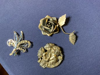 Trio Of Lovely Vintage Sterling Silver Brooches / Pins - Each Marked