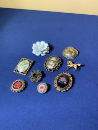 Assembled Group Of 9 Costume Jewelry Pins / Brooches Includes Micro Mosaics, Horse Form & Florals