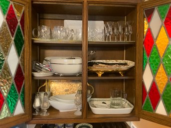 Three Shelves Of Kitchenware - Includes Stemware, Mugs, Servers, Cut Glass / Crystal, Salt & Pepper - Lot K6