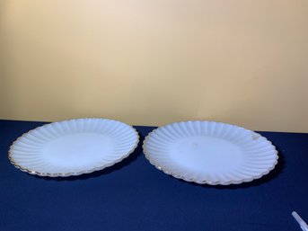 Pair Of Large Milk Glass Plates / Chargers / Platters With Gold Trim And Scalloped Edges