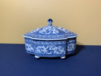 Gays Pottery Hand Painted Blue & White Lidded Trinket Box W/whimsical Motif Featuring Rabbits & Castles