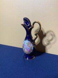 Gorgeous Vintage Cobalt Blue With Gold Trim Limoges Pitcher With Stopper Decorated W/18th C Courtship Motif
