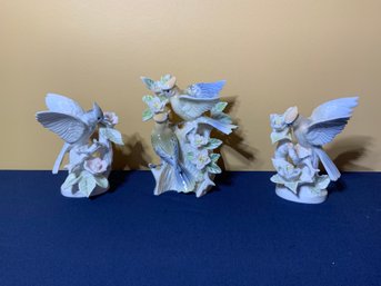 Trio Of Beautiful Porcelain Waxwing & Blue Jay Bird Figurines - Identified To Underside
