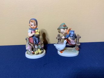 Two Vintage Goebel Hummel Figurines - 'Feeding Time' Girl With Chicken/Chicks & 'Barnyard Hero' Boy With Goose