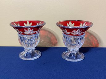 Pair Of Clear And Ruby Red Cut Glass Candle Holders On Footed Base