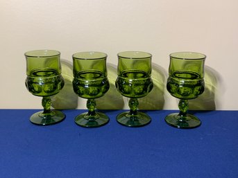 Set Of 4 Green Glass Goblets With Thumb Print Design