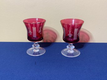 Pair Of Cut To Clear Cranberry Wine Goblets