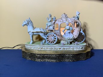 Porcelain Coach Lamp W/figures And Brass Base Depicting An 18th C. Continental Scene *Working*