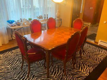 Beautiful Thomasville Wooden Dining Table & Six Red Upholstered Chairs, Includes Two Leaves