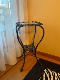 Intricately Carved Black Metal Side Table / Plant Stand With Glass Top
