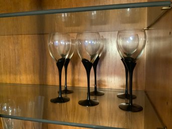Set Of Six Unique Wine Glasses With Black Glass Stem