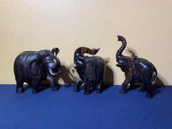 Trio Of Polished Wooden Elephant Figurines