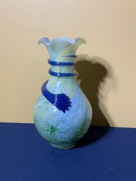 Gorgeous Murano Glass Italian Vase In Hues Of Blue & Green & W/a Unique Blue Band Detail & Identifying Tag