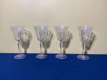 Set Of 4 Wine Glasses With Delicate Etched Floral Motif