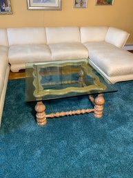 Thick Heavy Glass Top Coffee Table With Gold Metal Accents And Turned Leg Wooden Base