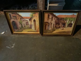 Pair Of Signed Painting Of Villa With Wood Frame