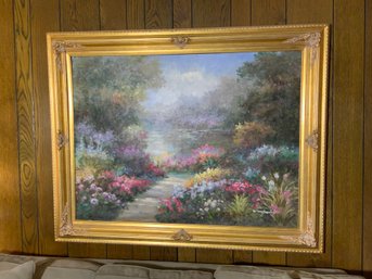 Framed Oil On Canvas Of A Lovely Field Of Flowers W/path Towards A Pond - Illegibly Signed Lower Right