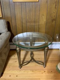 Heavy Glass Top Round End Table With Gold Tone Classical Style Wooden Base