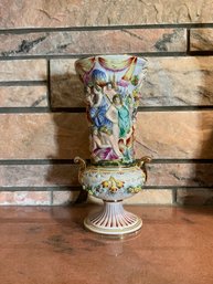 Beautiful Capodimonte Italian Porcelain Footed Vase W/Classical Figures In Relief - Maker's Mark To Underside