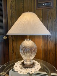 Lovely Bulbous Shape Cut Glass Lamp On Brass Base With White Pleated Shade