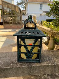 Large Heavy Dark Metal Lantern With Blue Patina For Use With Pillar Candle