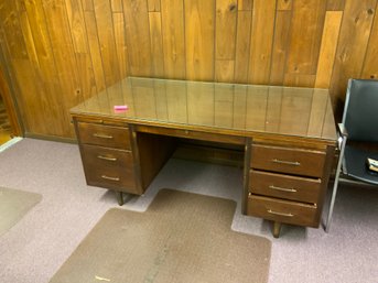 Vintage Wooden Knee Hole Desk W/Glass Top And 6 Drawers
