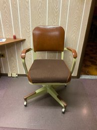Vintage Modern Two Tone Upholstered Rolling Metal Office Desk Arm Chair