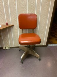 Vintage Modern Metal Desk Chair On Wheels With Orange Upholstered Seat & Back