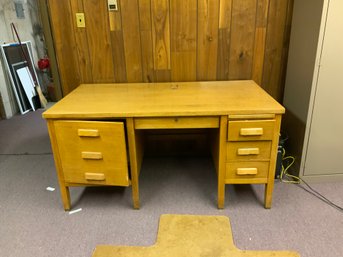 Vintage Modern Solid Blond Wood Knee Hole Desk With Drawers And Cabinet