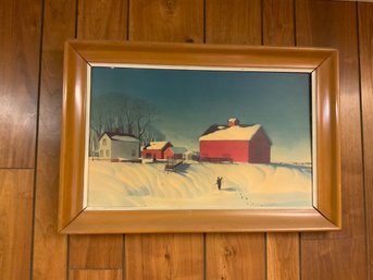 Vintage Framed Wall Art Depicting A Figure In A Snowy Farm Landscape