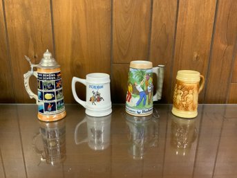 Four Beer Steins - Includes A Vintage Traditional Hand Painted German Stein With Lid