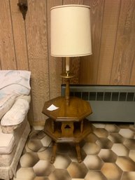 Vintage Wood Table & Lamp Combination W/lower Shelf And 'clubs' Or Clover Detail