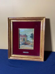 Unique Italian Micro Mosaic Of A Structure And Boat Framed And Matted In Velvet - Signed L. Bartu On Plaque