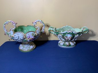 Two Vintage Italian Capodimonte Style Hand Painted Doubled Handled Bowls - One Signed To Underside