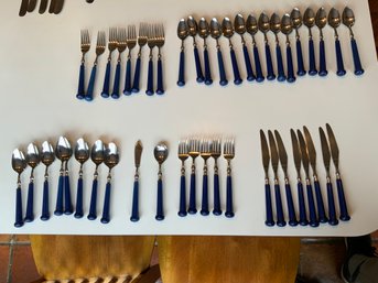 Vintage Oxford Hall Stainless Japan Flatware With Blue Handles, 46 PCS.
