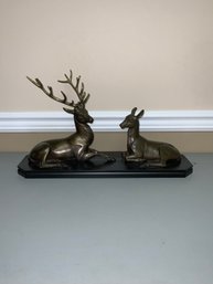 Brass Metal Deer Couple On  Wood Base
