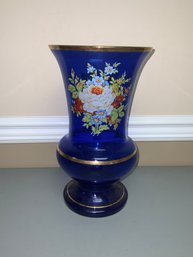 Dark Blue Vase With Flower Design And Gold Trim