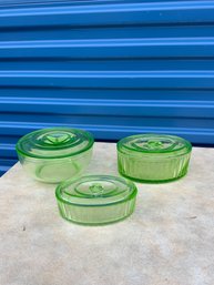 Lot Of Three Uranium Depression Glass Round Dishes With Lids