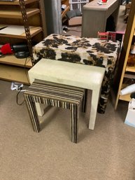 Set Of Three Upholstered Nesting Tables With Varying Designs *sizes In Description*