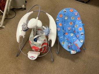 Two Baby Seats - Baby Einstein Infant Bouncy Seat & Fisher Price Seat With Owl Mobile