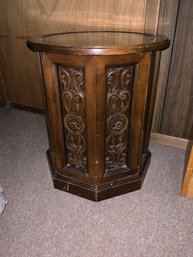 Vintage Octagon Wood Carved Barrel End Table With Storage Cabinet And Round Surface