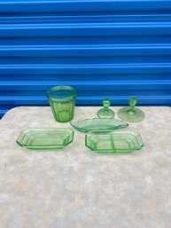 6 Pcs Of Vaseline/uranium Green Depression Glass Tableware