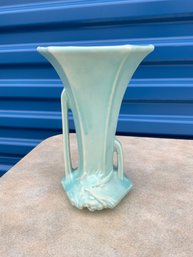 Aqua Colored Mccoy Two Handled Vase With Signature On Bottom